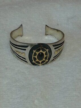 Vintage Mexican Sterling Silver, Onyx and 14k Gold Turtle Cuff Bracelet